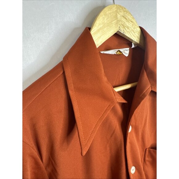 Vintage 70s Capri West Disco Shirt Rust Orange Big Collar Polyester 15.5 M - Picture 3 of 6